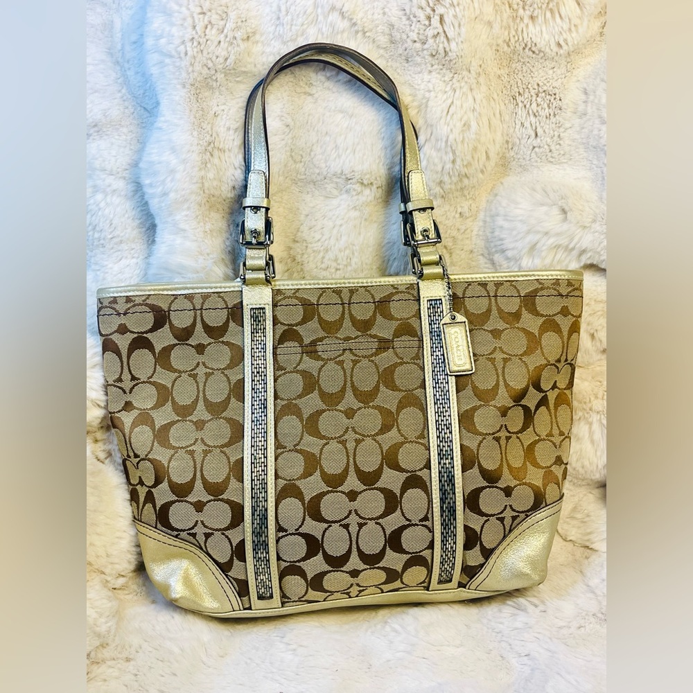 Coach Vtg 2005 Rare Gallery Beaded Signature C Canvas Metallic Gold Leather Tote - Picture 1 of 16